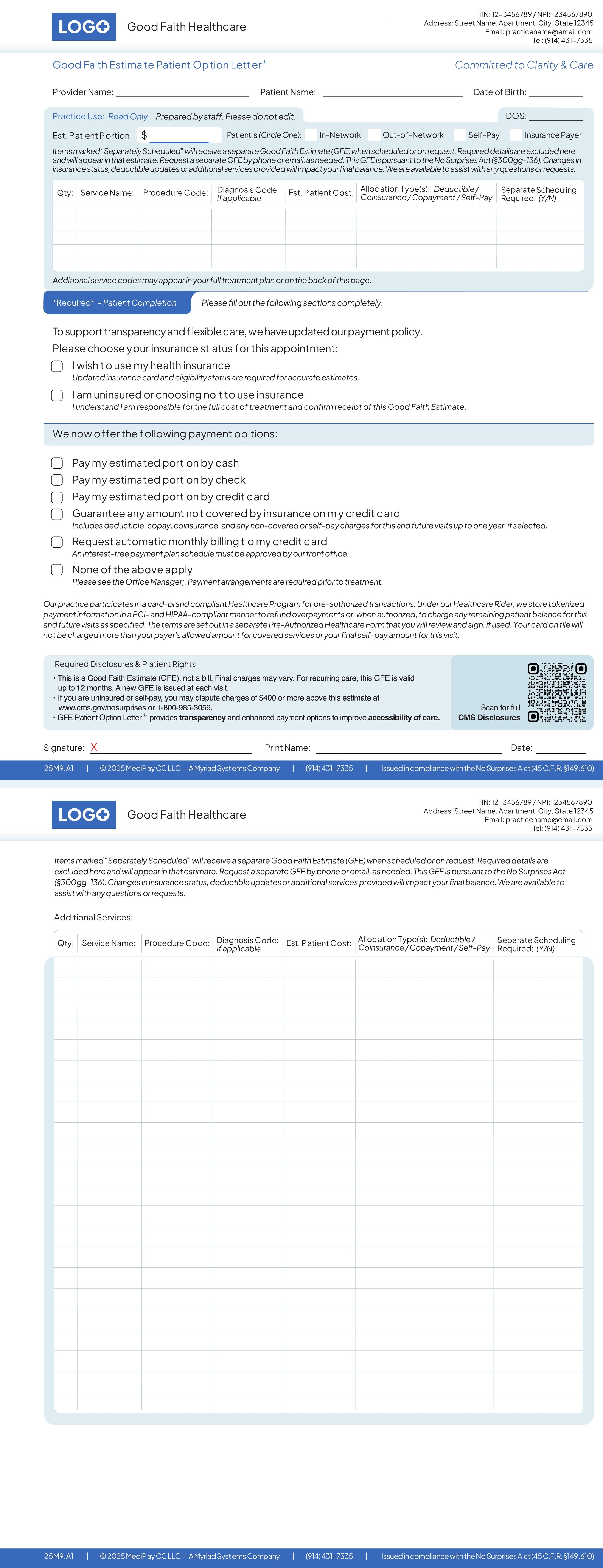 Good Faith Estimate Patient Option Letter (compliance form)