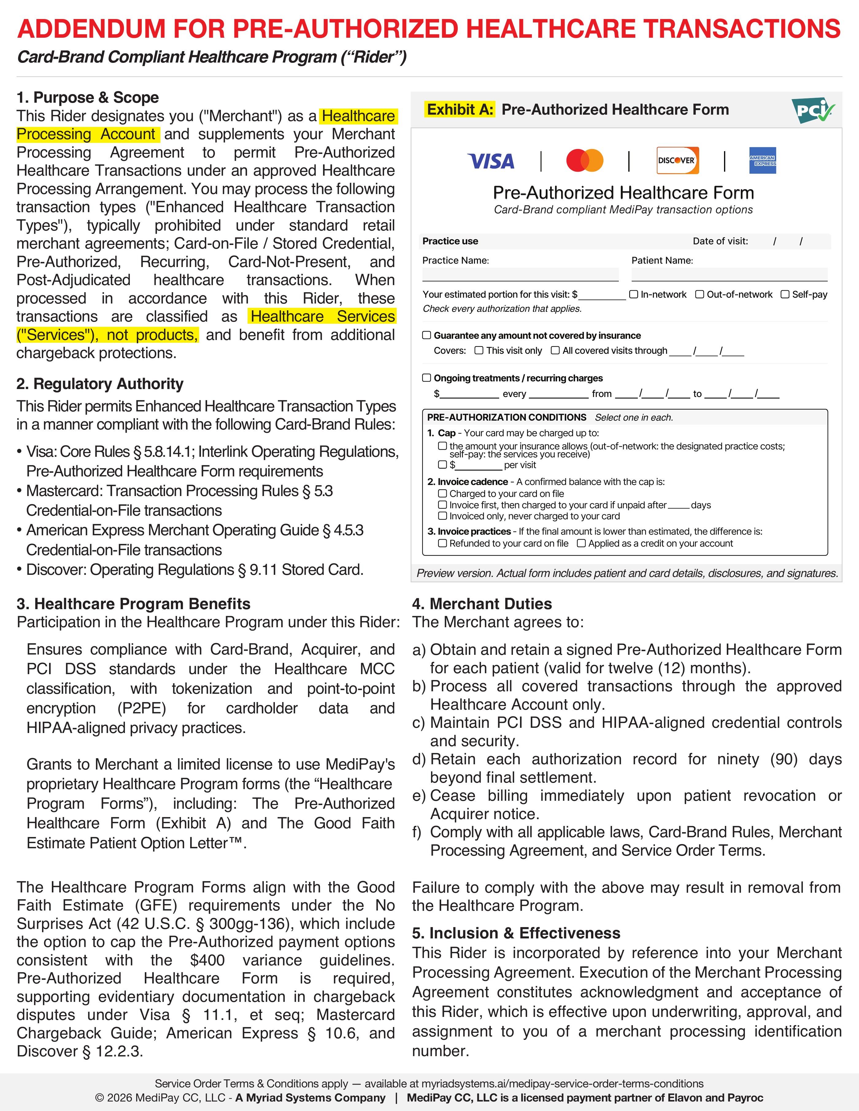 Addendum for Pre-Authorized Healthcare Transactions
